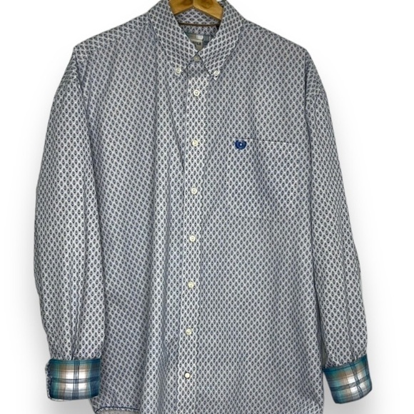 Panhandle Rough Stock Mens Button Down Blue Diamond Contrasting Cuff Plaid Large - Picture 1 of 16